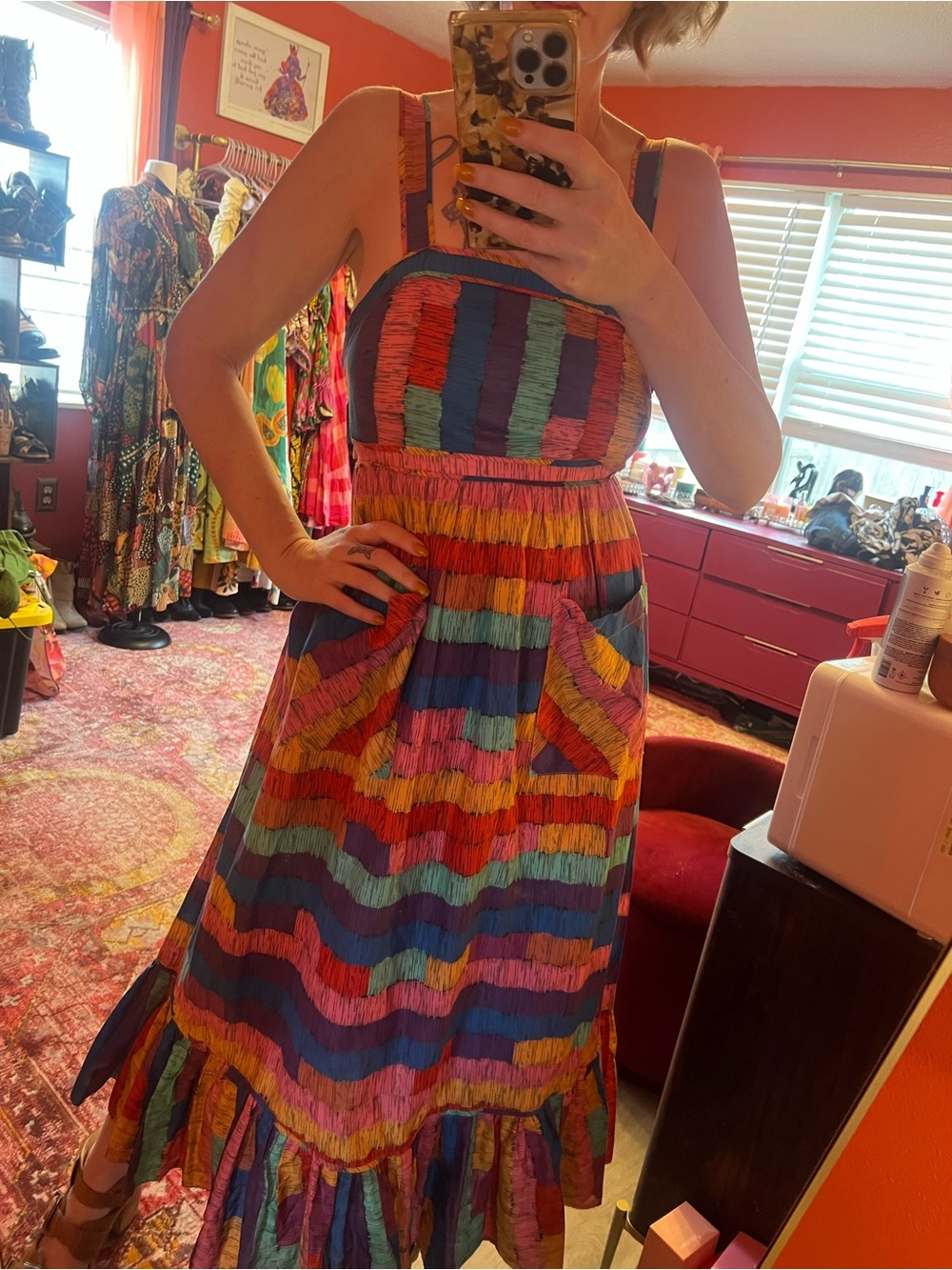 FARM Rio Multicolor Striped Midi Dress with Ruffle Hem